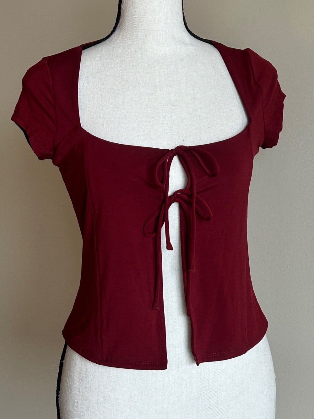 Burgundy Square Neck Tie-Front Baby Tee Small